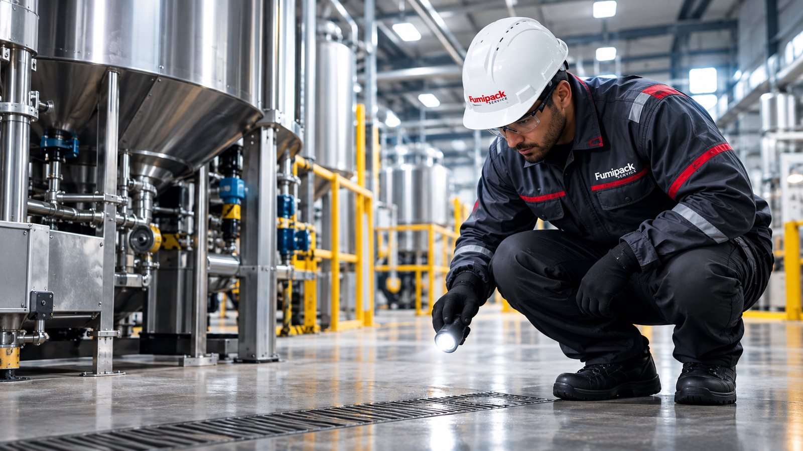 Técnico de Fumipack realizando una inspección técnica en una planta industrial