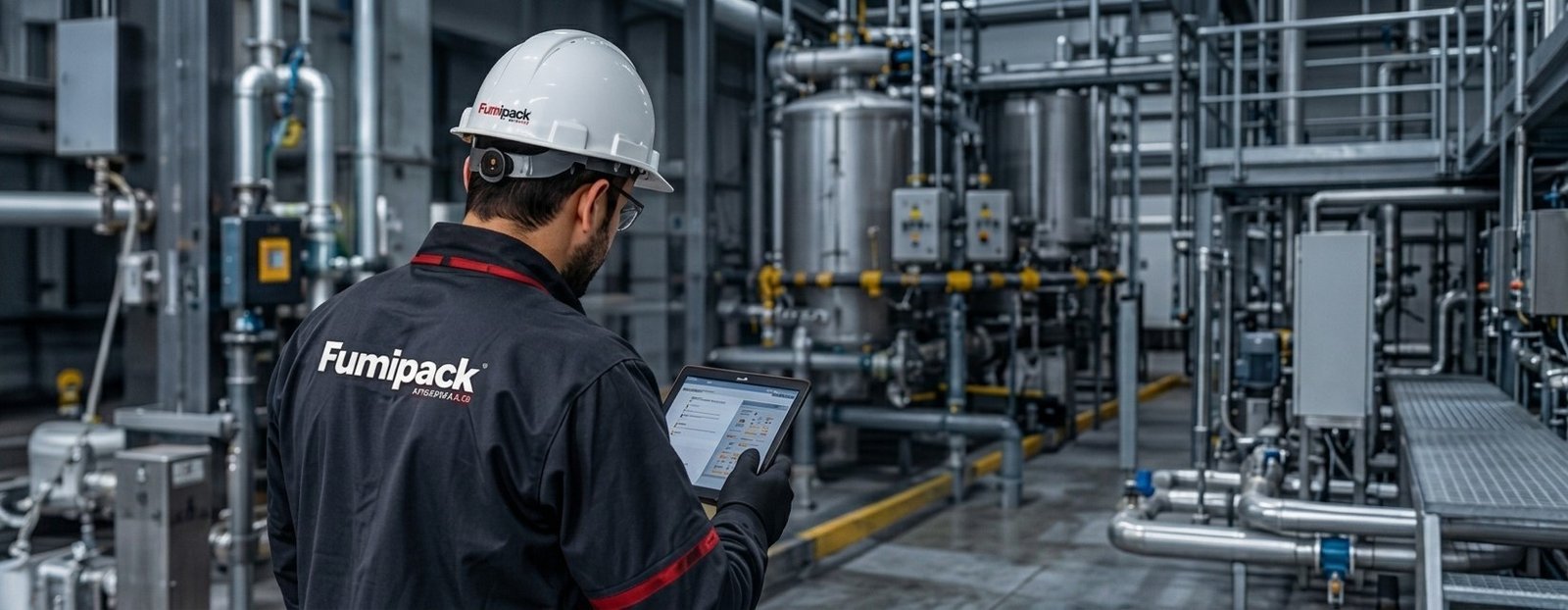 Técnico de Fumipack revisando un registro técnico en una instalación industrial