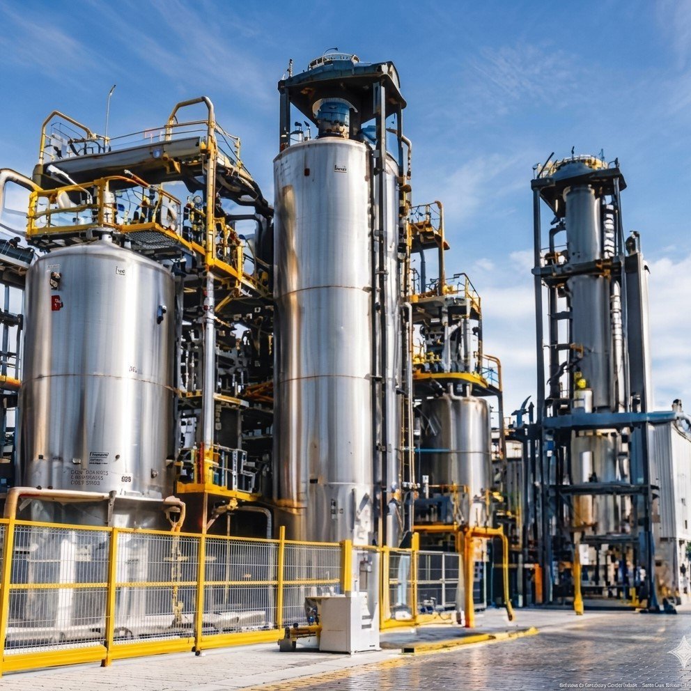 Planta industrial con tanques y estructuras de proceso